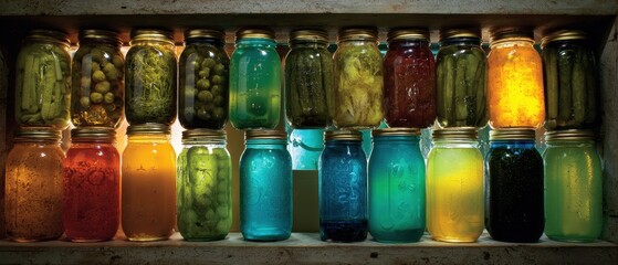 Colorful Jars of Preserved Food, Rustic Pantry Shelf, Warm Lighting.