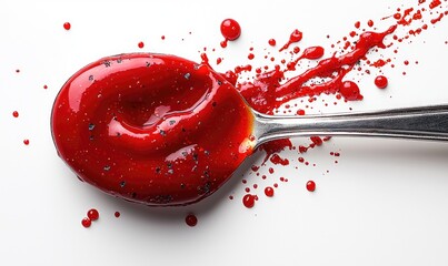 Red sauce on a spoon, splattered