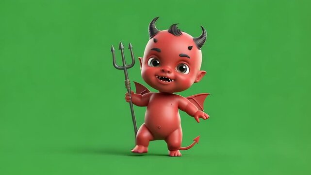 Adorable Red Devil Baby Character with Pitchfork and Wings Dances Playfully on Green Screen Background