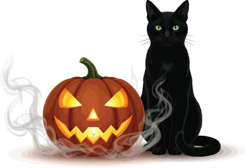 Halloween pumpkin and black cat with green eyes