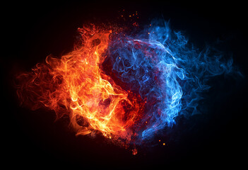 Fototapeta premium A dramatic collision of vibrant red fire and electric blue energy particles forming a spherical shape with intense light and motion