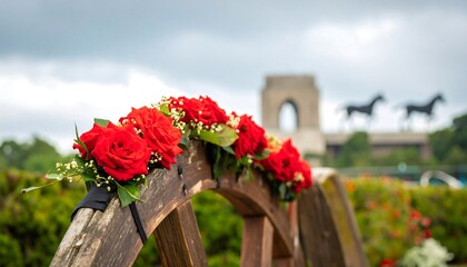 Red roses adorn a wooden wagon wheel archway