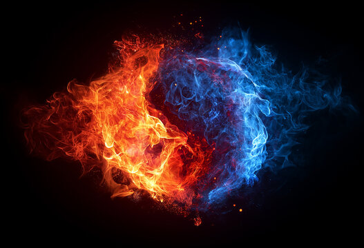 A dramatic collision of vibrant red fire and electric blue energy particles forming a spherical shape with intense light and motion