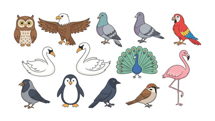 Obraz premium Feathered Friends: A colorful collection of birds in a charming illustrated style, showcasing the diversity of avian life.