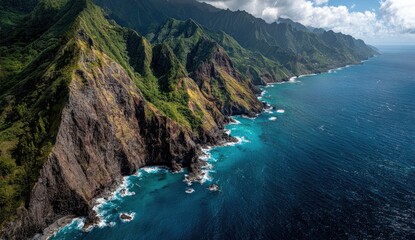 Fototapeta premium Dramatic coastal cliffs, lush tropical vegetation, and azure ocean meet in a stunning aerial view
