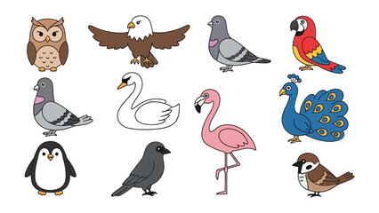 Feathered Friends: A delightful assembly of twelve vibrant illustrations of diverse avian species. From the wise owl to the majestic eagle.