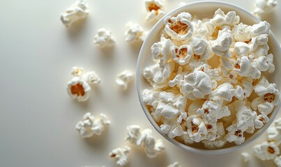 White popcorn in a bowl on a white surface