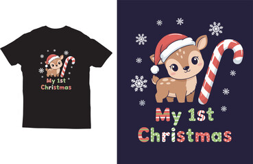 My 1st Christmas T-Shirt Design Featuring Cute Reindeer, Santa Hat and Candy Cane Elements
