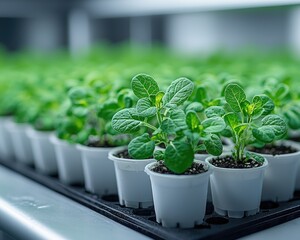 Rows of vibrant green seedlings in small white pots