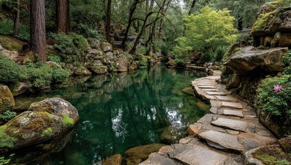 Serene garden pond with moss-covered rocks, a stone path winding beside it, reflecting trees and lush foliage