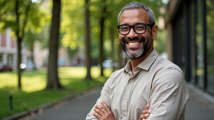 Smiling mature African American man in glasses radiates confidence outdoors in stunning 4k video footage, a portrait of success and positivity