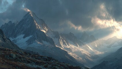 Dramatic mountain range at sunset, snow-capped peaks illuminated by golden rays piercing through storm clouds; foreground shows rocky, autumnal terrain