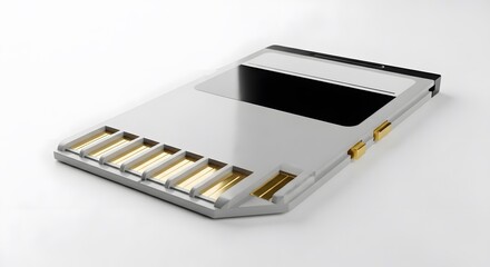 Close up of a digital memory card with gold contacts on a white background.