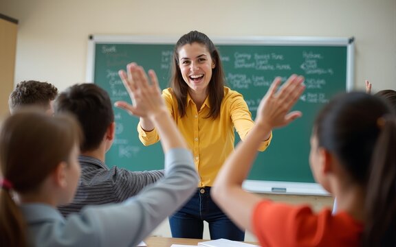 Energetic teacher high-fiving students in a high school classroom promoting teamwork and motivation. High quality