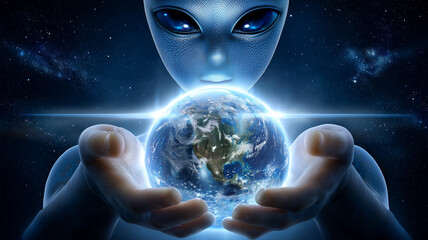 A futuristic alien holding the glowing Earth in its hands, symbolizing cosmic power, mystery, and the vast connection between extraterrestrial life and the universe.