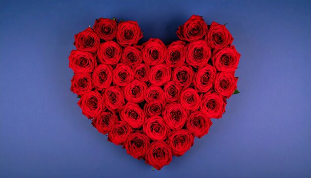 Red roses arranged in a heart shape on a blue background - Powered by Adobe