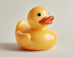 A bright yellow rubber duck toy, smooth, shiny surface, slightly angled, sits on a light grey background