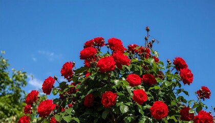 Red roses against a vibrant blue sky