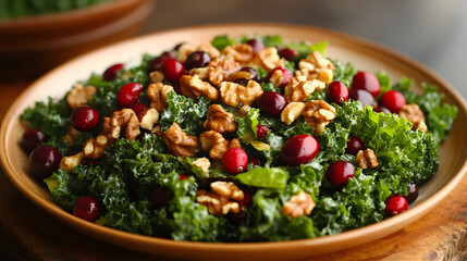 Kale Salad with Cranberries, Walnuts, and Pomegranate Seeds in a Rustic Bowl