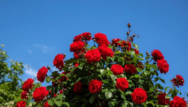 Red roses against a vibrant blue sky - Powered by Adobe