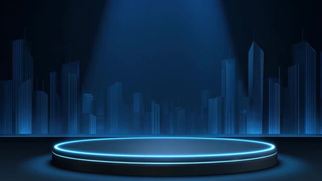 Futuristic glowing round stage with blue neon light and dark city skyline background featuring glowing blue circular platform and illuminated skyscrapers creating sleek modern atmosphere - Powered by Adobe
