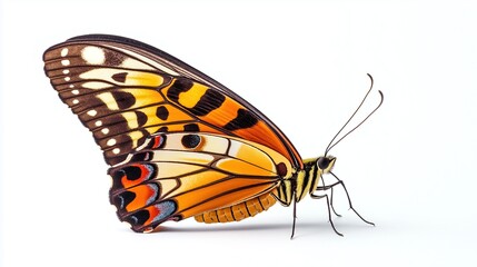 Beautiful butterfly with orange and black wings isolated on white background, nature insect wildlife macro view, delicate pattern and vibrant color concept
