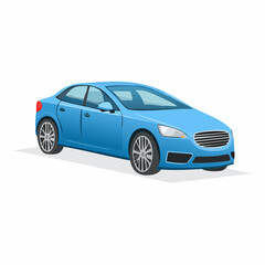Blue sedan parked on white surface showcasing its sleek lines and modern aesthetic, representing transportation and automotive industry.