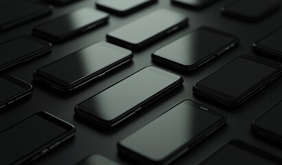 Collection of black smartphones with blank screens arranged on dark background for mockups graphic design showcasing sleek modern designs various models uncluttered space simplicity clarity