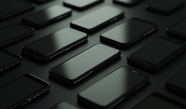 Collection of black smartphones with blank screens arranged on dark background for mockups graphic design showcasing sleek modern designs various models uncluttered space simplicity clarity
