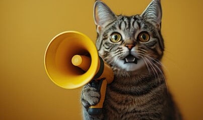 A tabby cat holding a yellow megaphone against a mustard-yellow backdrop.  A surprised expression on the cat
