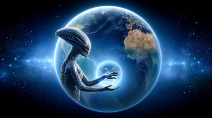 A futuristic alien holds a glowing Earth within a cosmic sphere, symbolizing power,
 mystery, and the boundless imagination of science fiction fantasy art.