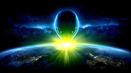 A mysterious alien face emerges above Earth with glowing cosmic light, symbolizing extraterrestrial presence, sci-fi mystery, and outer space exploration.