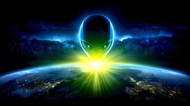A mysterious alien face emerges above Earth with glowing cosmic light, symbolizing extraterrestrial presence, sci-fi mystery, and outer space exploration.