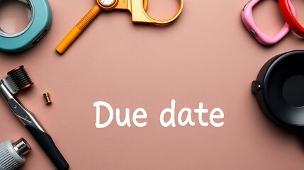 Word writing text Due Date. Business photo showcasing the day or date by which something is supposed to be done or paid Different colored keyboard key with accessories arranged on empty copy space