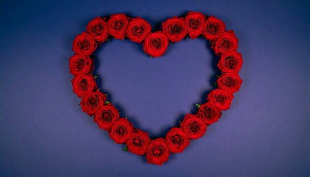 Red roses arranged in a heart shape on a dark blue background