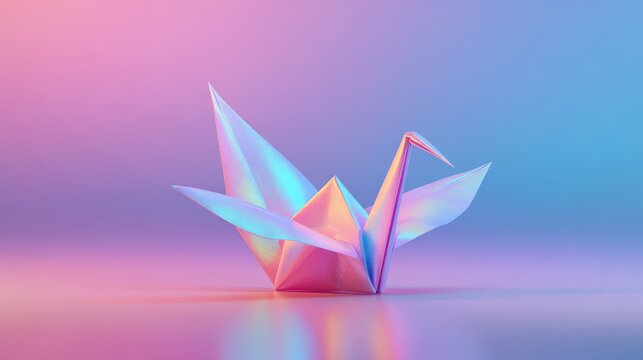 Holographic origami crane bird on a pink and blue gradient background - Powered by Adobe