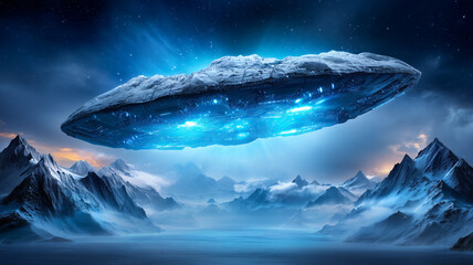 A glowing UFO hovers over snowy mountain peaks under a cosmic night sky, blending sci-fi mystery with breathtaking fantasy landscape and futuristic allure.
