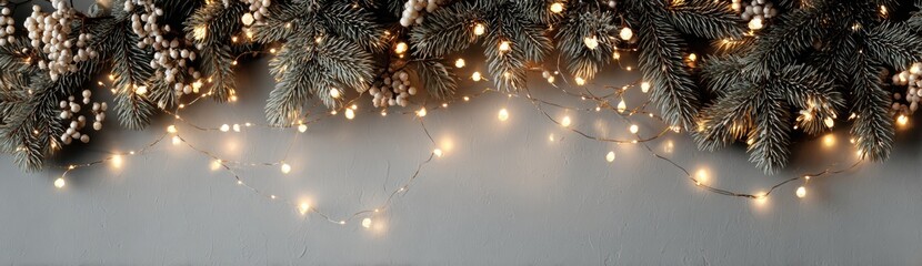 Festive evergreen branches with warm white fairy lights draped across a grey background