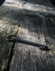 Obraz premium Antique Key on Weathered Table: An old-fashioned iron key rests on a rustic wooden surface, casting a dramatic shadow in this still life. Capturing a sense of history, mystery, and secrets.