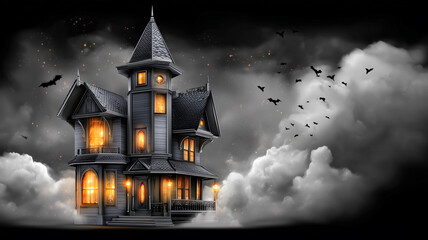 A spooky haunted mansion with glowing windows surrounded by dark clouds and flying bats, creating a chilling Halloween night atmosphere filled with mystery and gothic charm.