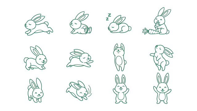 Bunny Collection: A charming collection of adorable, expressive cartoon bunnies illustrated with clean, minimalist line art, each bunny portraying a unique action and emotion.