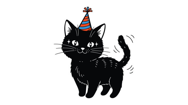 Black Cat's Celebration: An adorable cartoon illustration of a charming black cat joyfully celebrating a birthday, complete with a festive party hat, creating a whimsical and playful ambiance. 