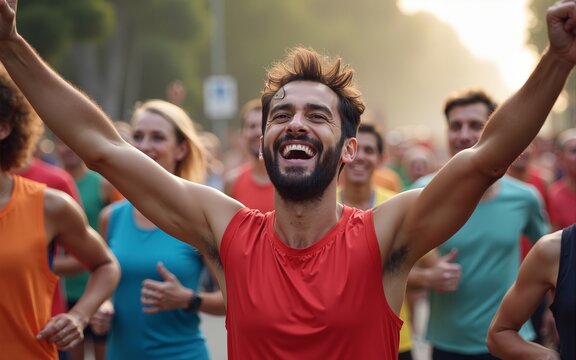 Diverse group of happy runners celebrating on race day. High quality