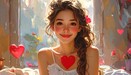 A cheerful young woman with rosy cheeks, long brown hair, and a delicate heart-shaped pendant, smiles warmly in a sunlit room filled with flowers and floating hearts.