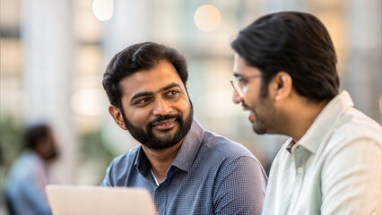 Obraz premium Two Indian colleagues exchanging ideas — fostering creativity and problem-solving at work