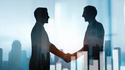 Business handshake partnership with cityscape and financial graph overlay symbolizing corporate success collaboration and growth silhouette agreement cooperation professional environment calm - Powered by Adobe
