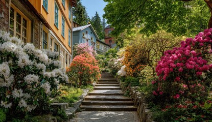 Obraz premium Colorful terraced garden path lined with blooming rhododendrons