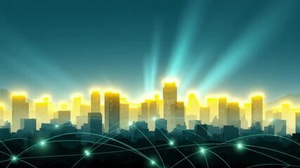 City skyline glowing with digital network connections and illuminated modern buildings, vibrant communication light beams creating futuristic urban glow and building connection at night - Powered by Adobe