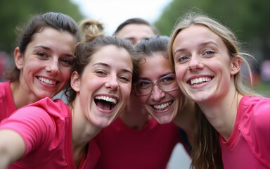 Joyful running club takes a selfie at marathon event. High quality