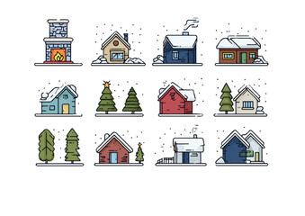 Charming Collection of Winter Houses and Trees with Fireplace Illustration Ideal for Holiday Season Projects and Designs